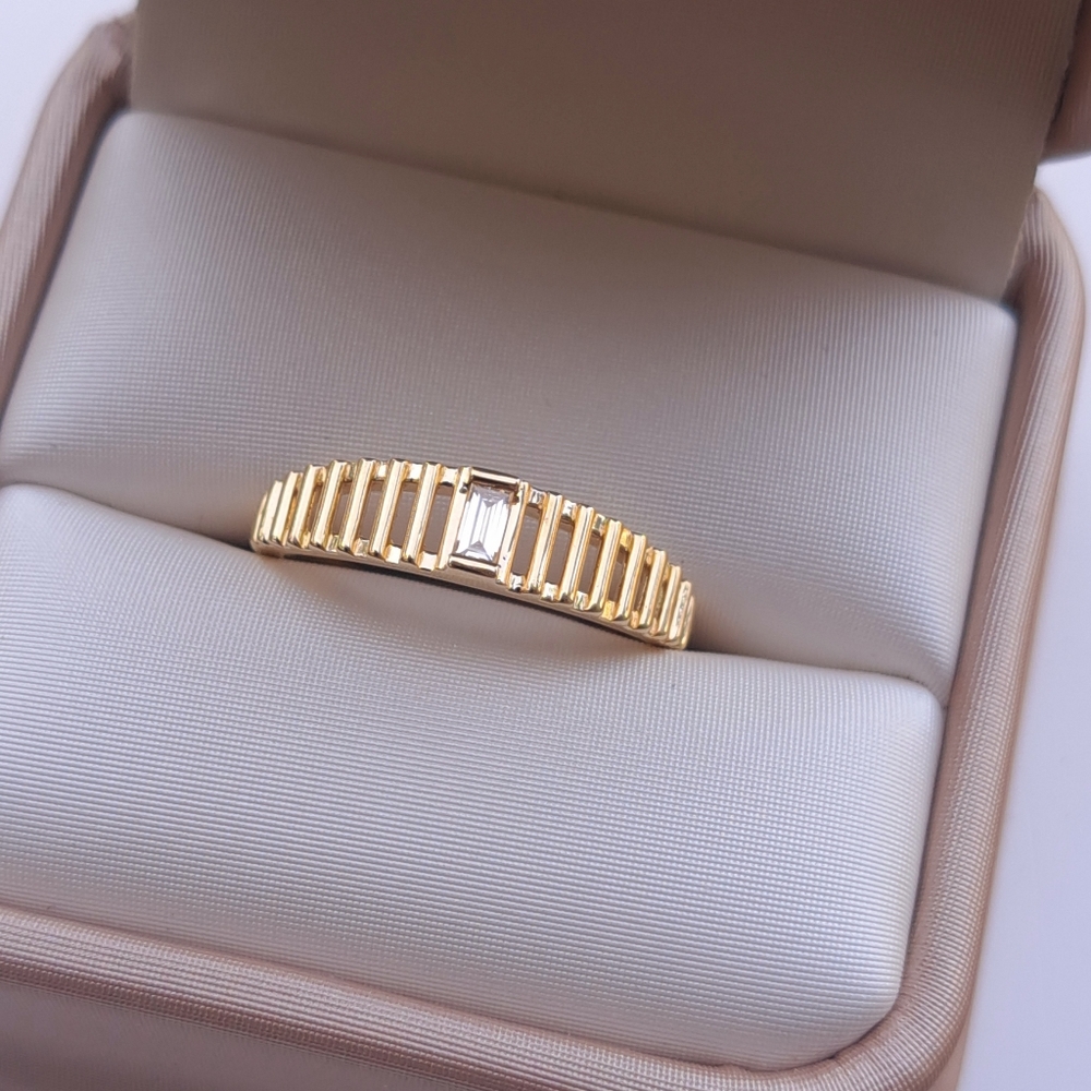 Art Deco Cutout Ring, Natural Diamond Baguette, 14k yellow gold